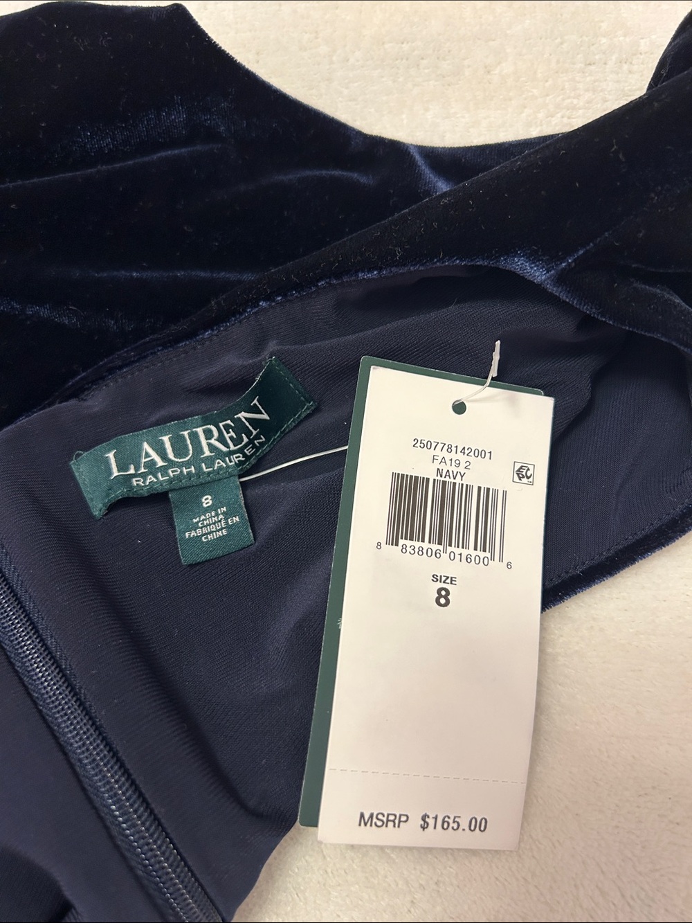 Ralph Lauren Navy Velvet Coctail Dress with Fluted Hem Lace Lined Size 8 NWT - Picture 9 of 12